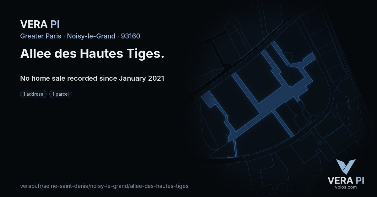 Allee des Hautes Tiges, Noisy-le-Grand at night – every parcel coloured by the prices around it, the street's own parcels lit