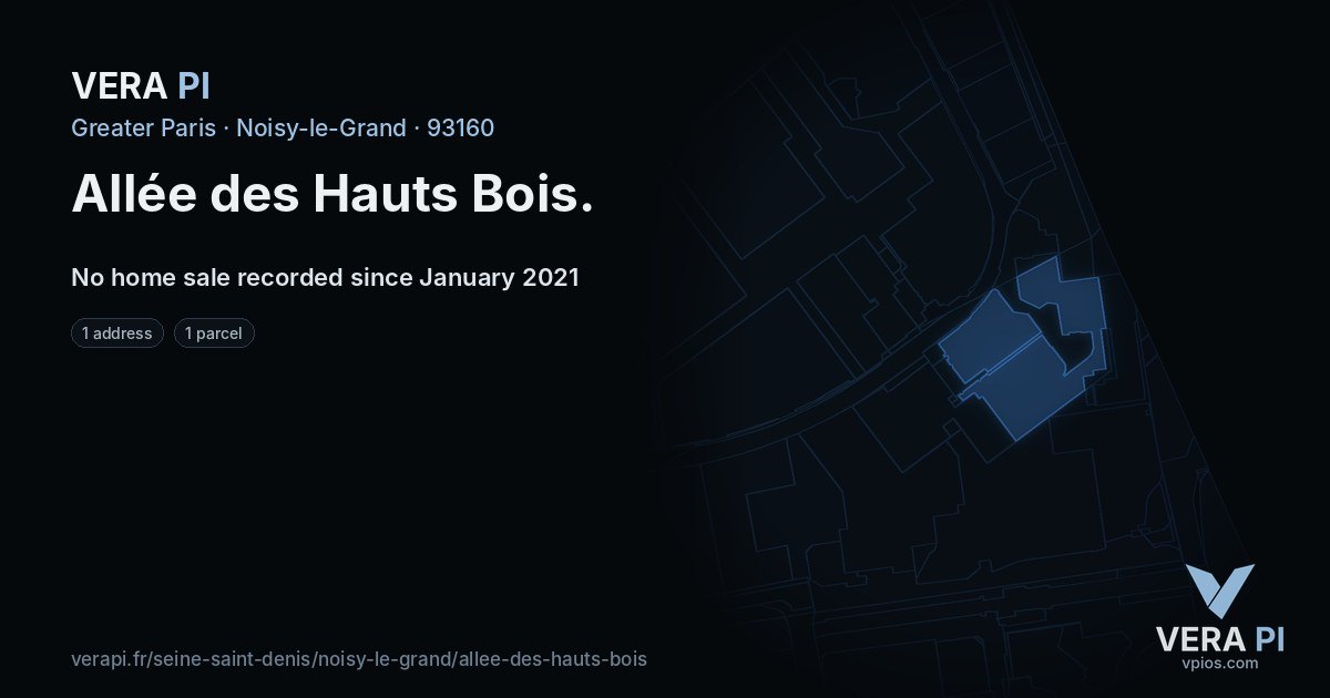 Allée des Hauts Bois, Noisy-le-Grand at night – every parcel coloured by the prices around it, the street's own parcels lit