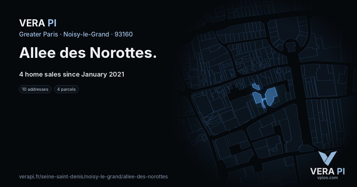Allee des Norottes, Noisy-le-Grand at night – every parcel coloured by the prices around it, the street's own parcels lit