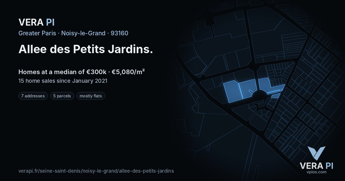 Allee des Petits Jardins, Noisy-le-Grand at night – every parcel coloured by the prices around it, the street's own parcels lit