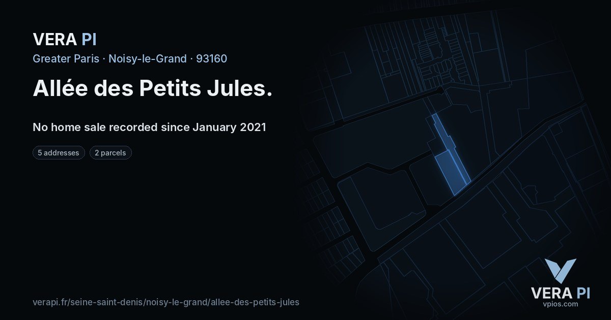 Allée des Petits Jules, Noisy-le-Grand at night – every parcel coloured by the prices around it, the street's own parcels lit