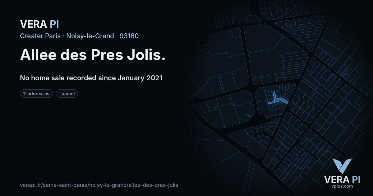 Allee des Pres Jolis, Noisy-le-Grand at night – every parcel coloured by the prices around it, the street's own parcels lit
