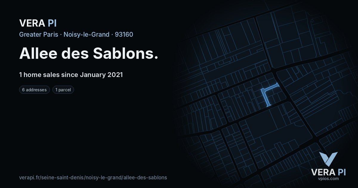 Allee des Sablons, Noisy-le-Grand at night – every parcel coloured by the prices around it, the street's own parcels lit