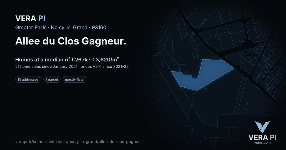 Allee du Clos Gagneur, Noisy-le-Grand at night – every parcel coloured by the prices around it, the street's own parcels lit