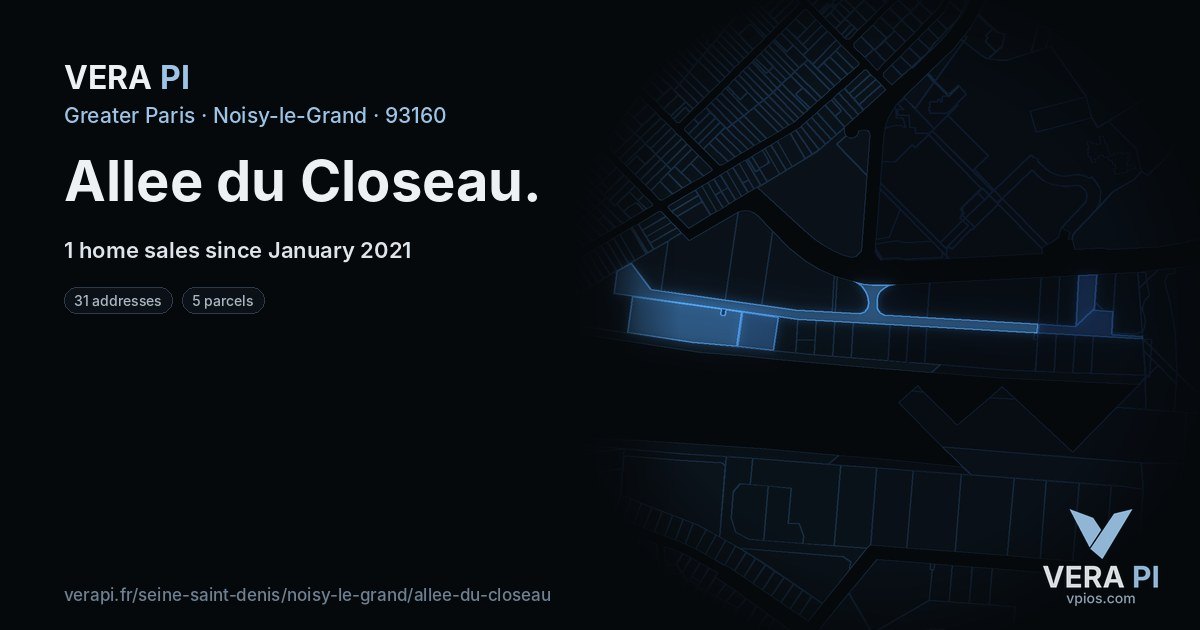 Allee du Closeau, Noisy-le-Grand at night – every parcel coloured by the prices around it, the street's own parcels lit