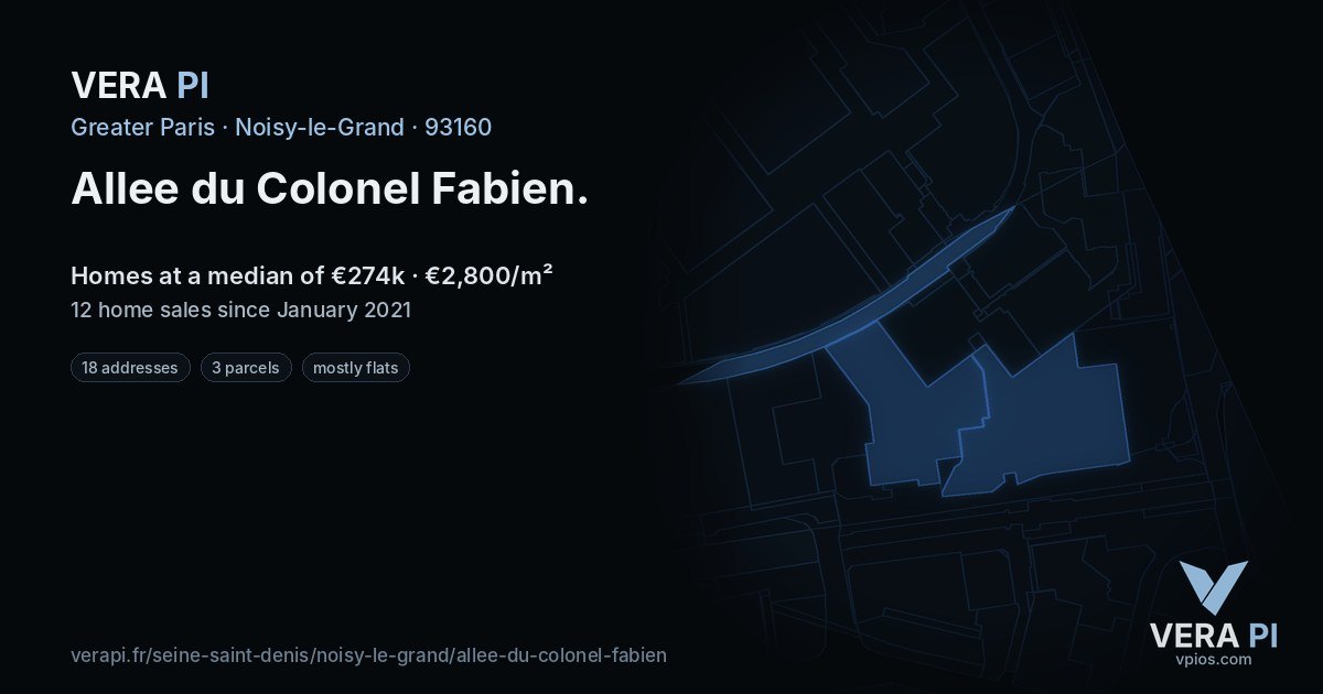 Allee du Colonel Fabien, Noisy-le-Grand at night – every parcel coloured by the prices around it, the street's own parcels lit