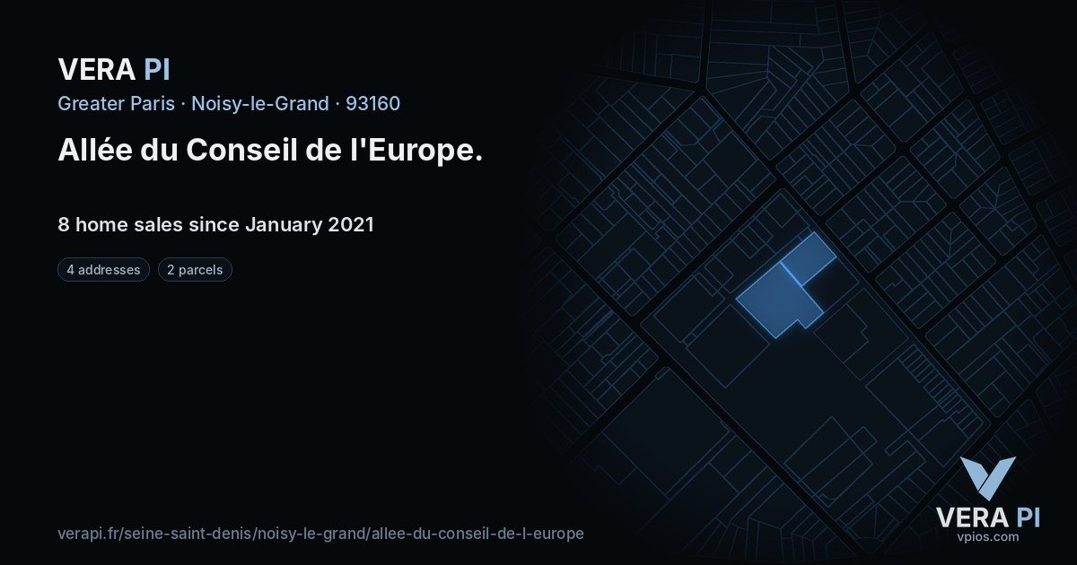 Allée du Conseil de l'Europe, Noisy-le-Grand at night – every parcel coloured by the prices around it, the street's own parcels lit