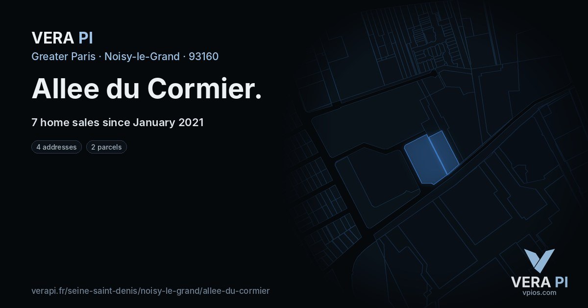 Allee du Cormier, Noisy-le-Grand at night – every parcel coloured by the prices around it, the street's own parcels lit