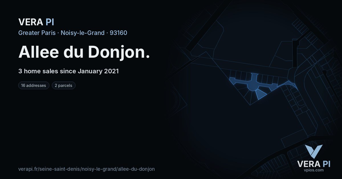 Allee du Donjon, Noisy-le-Grand at night – every parcel coloured by the prices around it, the street's own parcels lit