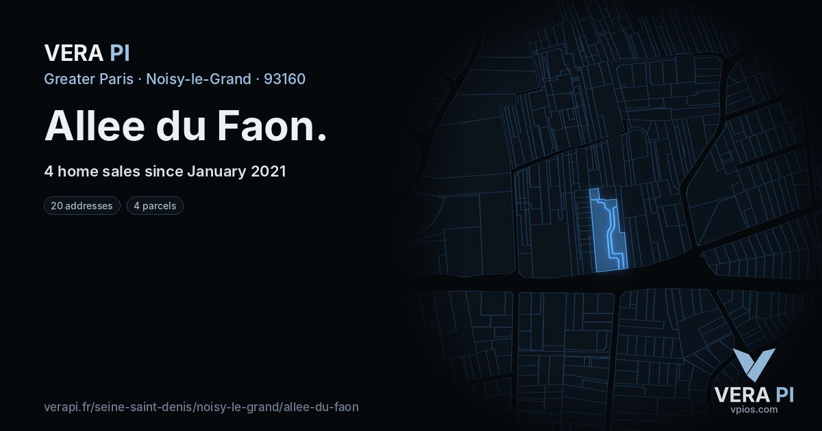 Allee du Faon, Noisy-le-Grand at night – every parcel coloured by the prices around it, the street's own parcels lit