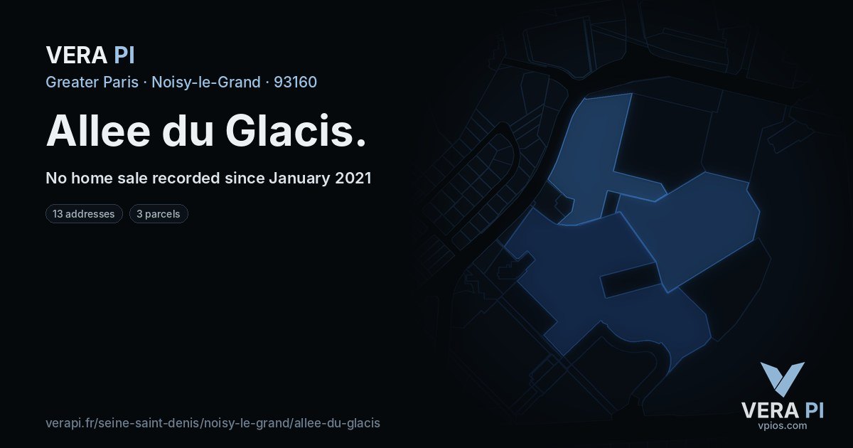 Allee du Glacis, Noisy-le-Grand at night – every parcel coloured by the prices around it, the street's own parcels lit