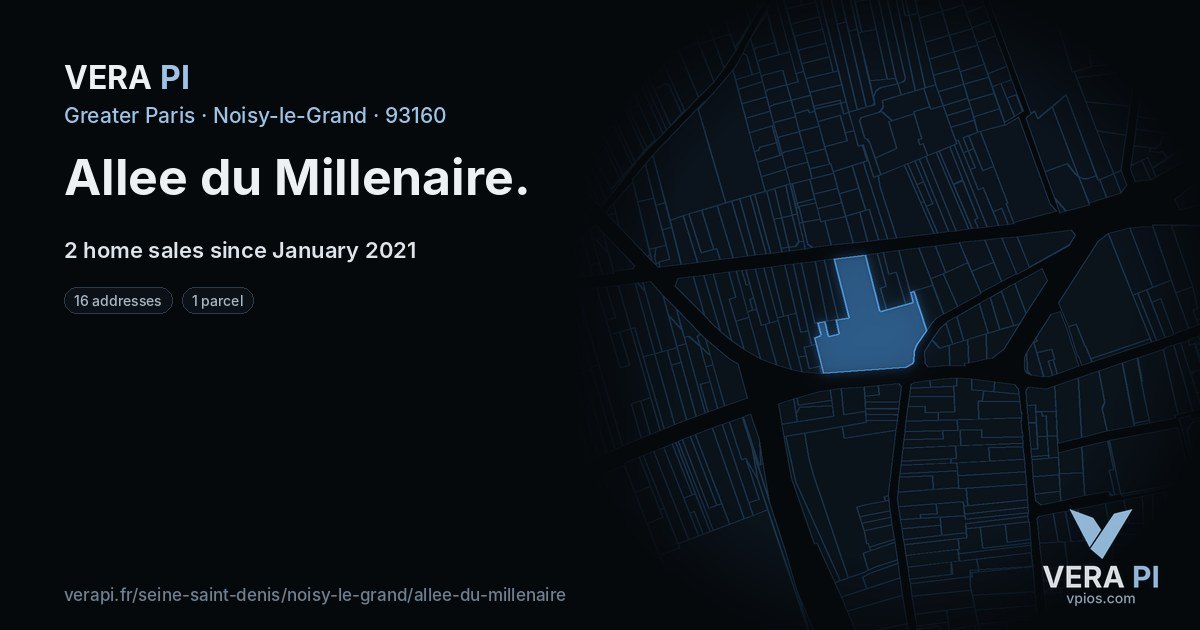 Allee du Millenaire, Noisy-le-Grand at night – every parcel coloured by the prices around it, the street's own parcels lit