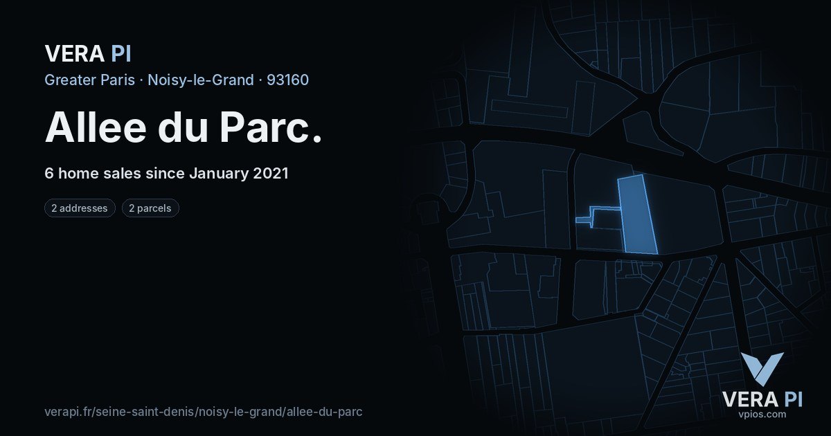 Allee du Parc, Noisy-le-Grand at night – every parcel coloured by the prices around it, the street's own parcels lit
