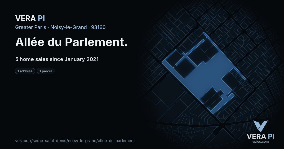 Allée du Parlement, Noisy-le-Grand at night – every parcel coloured by the prices around it, the street's own parcels lit