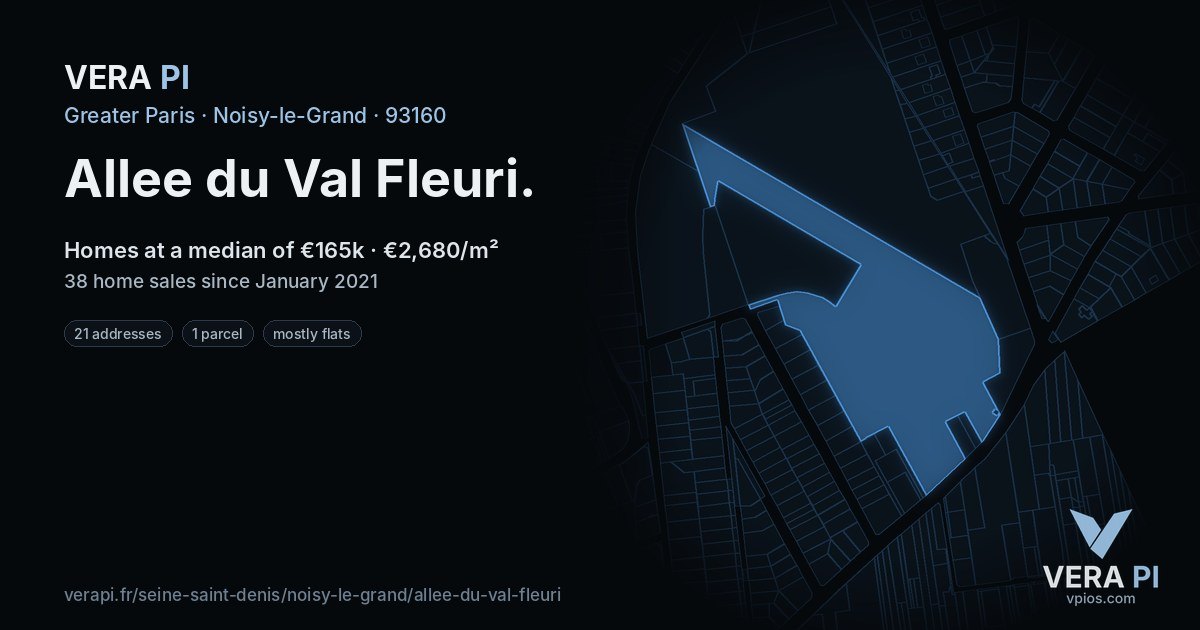 Allee du Val Fleuri, Noisy-le-Grand at night – every parcel coloured by the prices around it, the street's own parcels lit