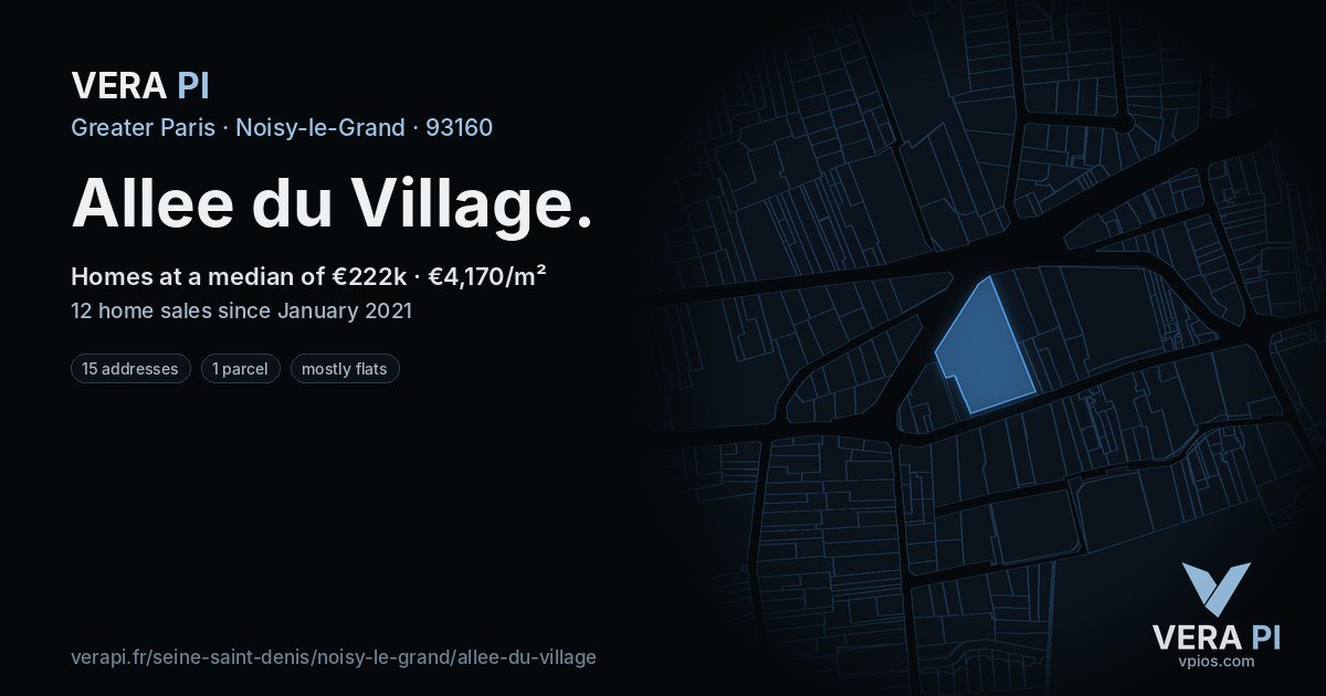 Allee du Village, Noisy-le-Grand at night – every parcel coloured by the prices around it, the street's own parcels lit