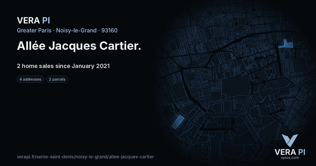 Allée Jacques Cartier, Noisy-le-Grand at night – every parcel coloured by the prices around it, the street's own parcels lit