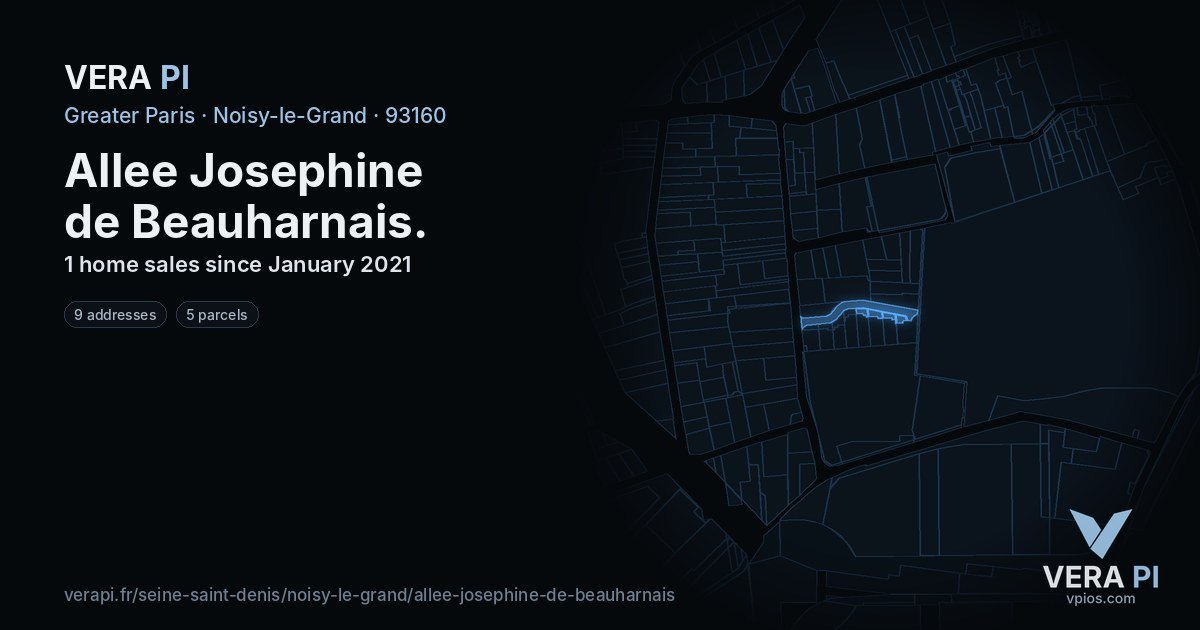 Allee Josephine de Beauharnais, Noisy-le-Grand at night – every parcel coloured by the prices around it, the street's own parcels lit