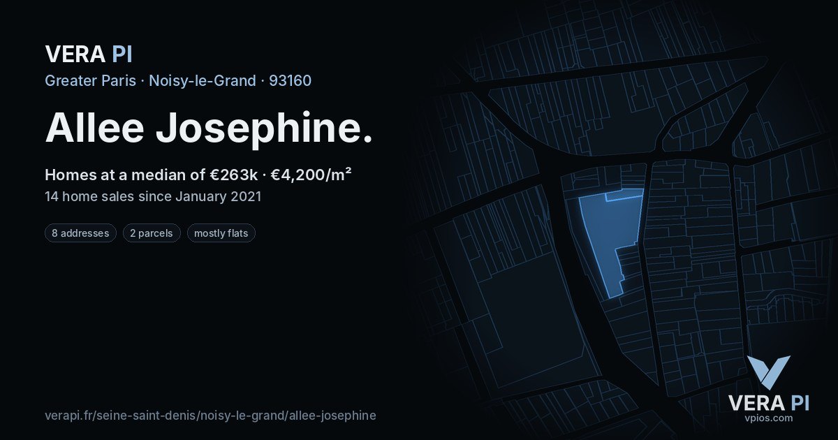 Allee Josephine, Noisy-le-Grand at night – every parcel coloured by the prices around it, the street's own parcels lit