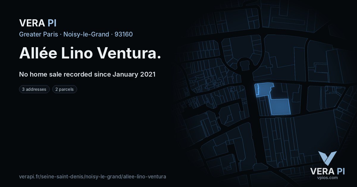 Allée Lino Ventura, Noisy-le-Grand at night – every parcel coloured by the prices around it, the street's own parcels lit