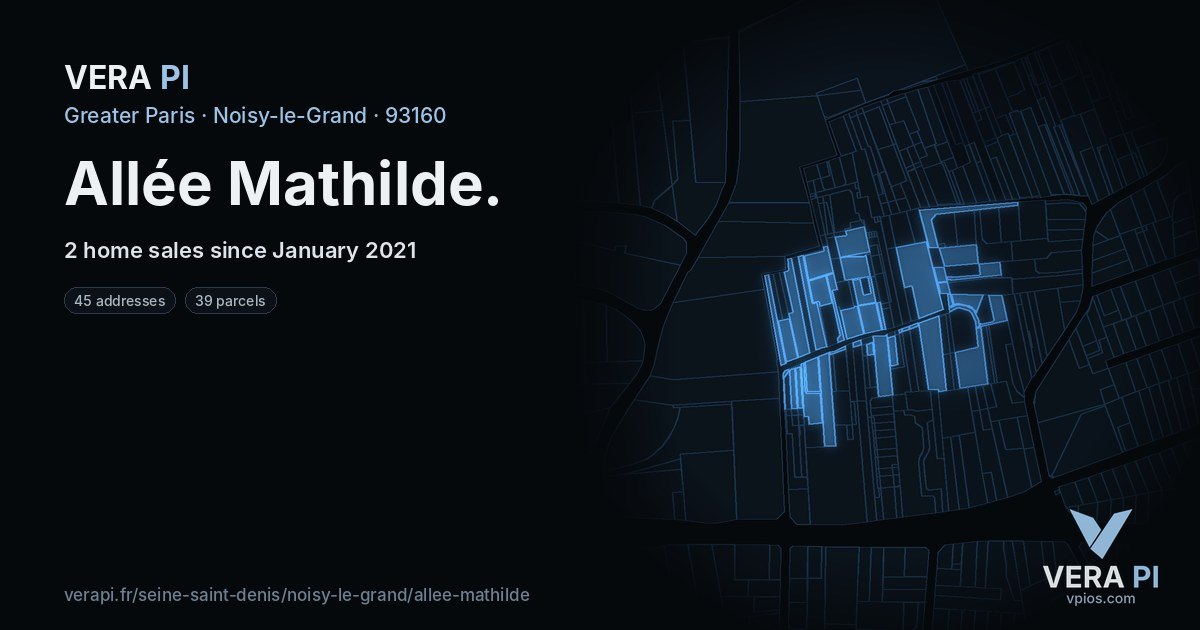Allée Mathilde, Noisy-le-Grand at night – every parcel coloured by the prices around it, the street's own parcels lit