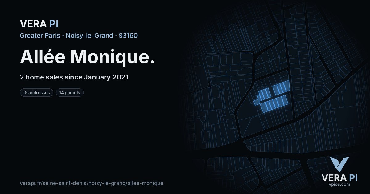 Allée Monique, Noisy-le-Grand at night – every parcel coloured by the prices around it, the street's own parcels lit