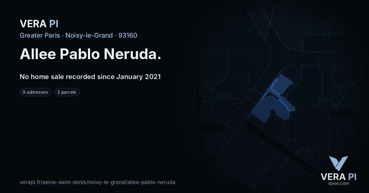 Allee Pablo Neruda, Noisy-le-Grand at night – every parcel coloured by the prices around it, the street's own parcels lit