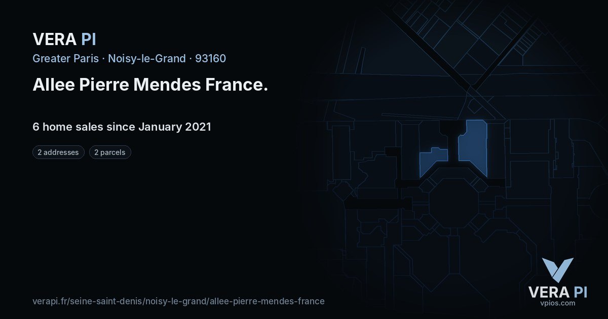 Allee Pierre Mendes France, Noisy-le-Grand at night – every parcel coloured by the prices around it, the street's own parcels lit
