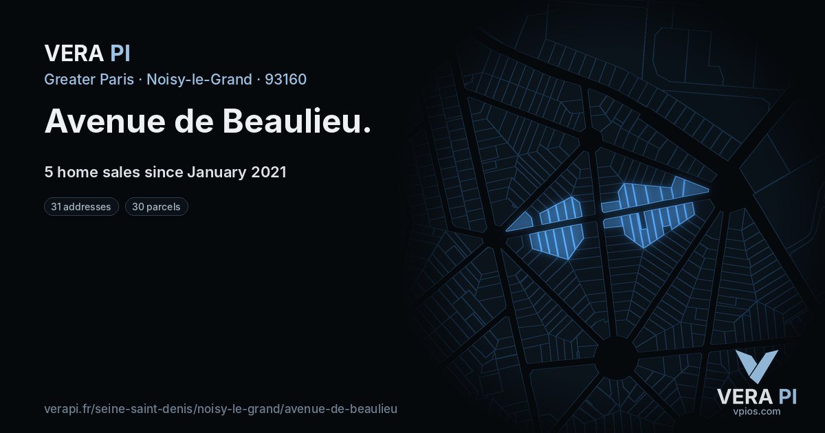 Avenue de Beaulieu, Noisy-le-Grand at night – every parcel coloured by the prices around it, the street's own parcels lit