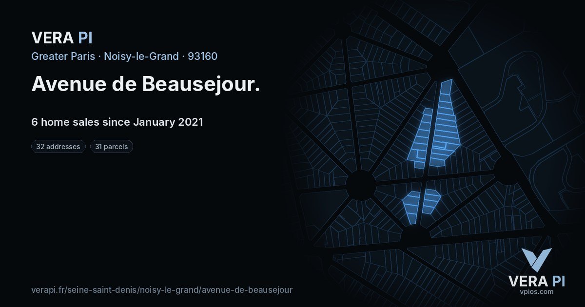 Avenue de Beausejour, Noisy-le-Grand at night – every parcel coloured by the prices around it, the street's own parcels lit