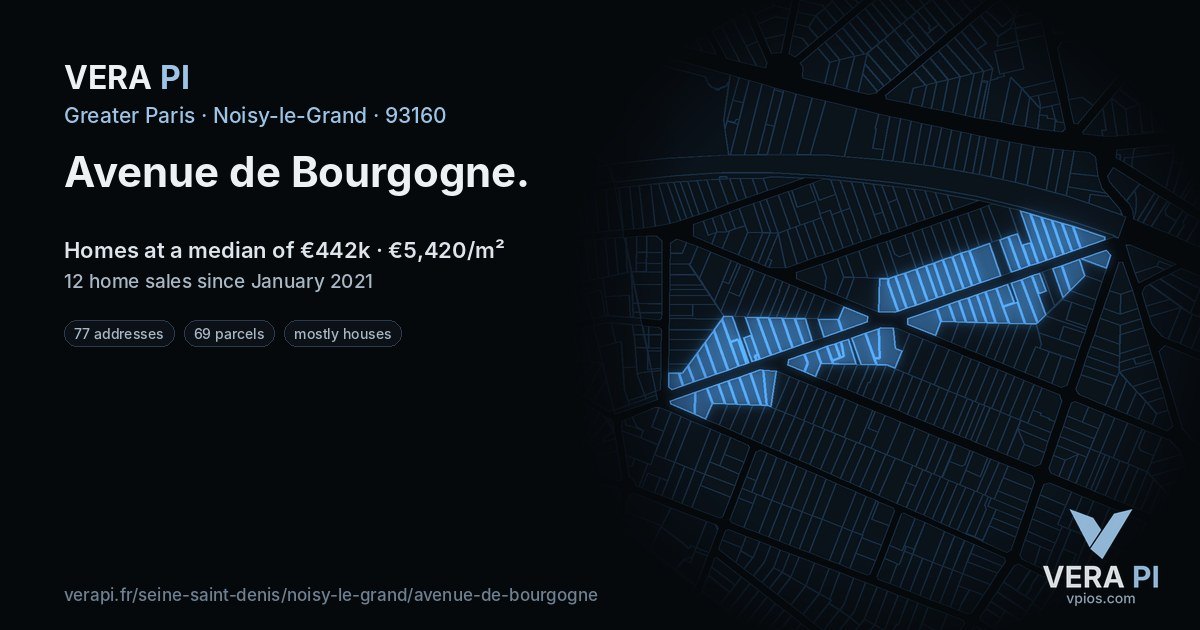 Avenue de Bourgogne, Noisy-le-Grand at night – every parcel coloured by the prices around it, the street's own parcels lit