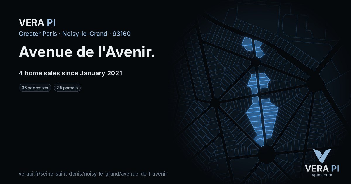 Avenue de l'Avenir, Noisy-le-Grand at night – every parcel coloured by the prices around it, the street's own parcels lit