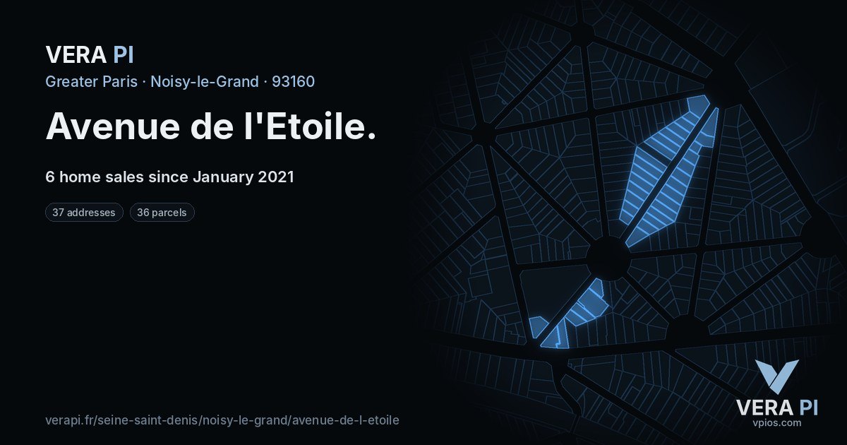 Avenue de l'Etoile, Noisy-le-Grand at night – every parcel coloured by the prices around it, the street's own parcels lit