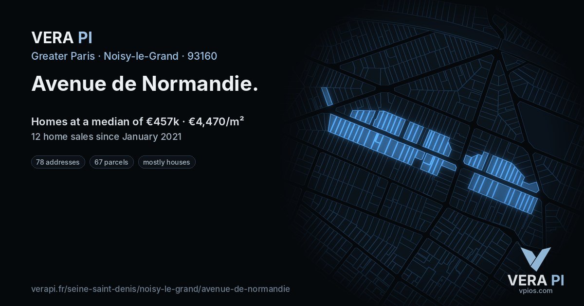Avenue de Normandie, Noisy-le-Grand at night – every parcel coloured by the prices around it, the street's own parcels lit