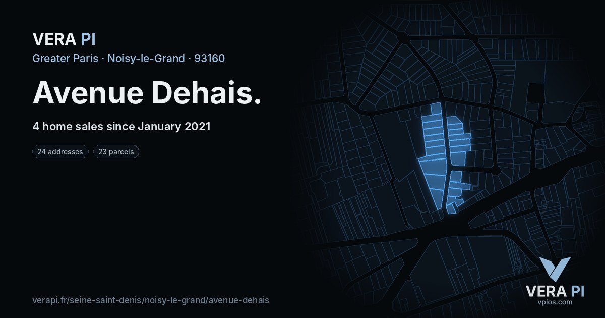 Avenue Dehais, Noisy-le-Grand at night – every parcel coloured by the prices around it, the street's own parcels lit