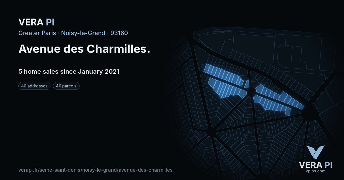 Avenue des Charmilles, Noisy-le-Grand at night – every parcel coloured by the prices around it, the street's own parcels lit