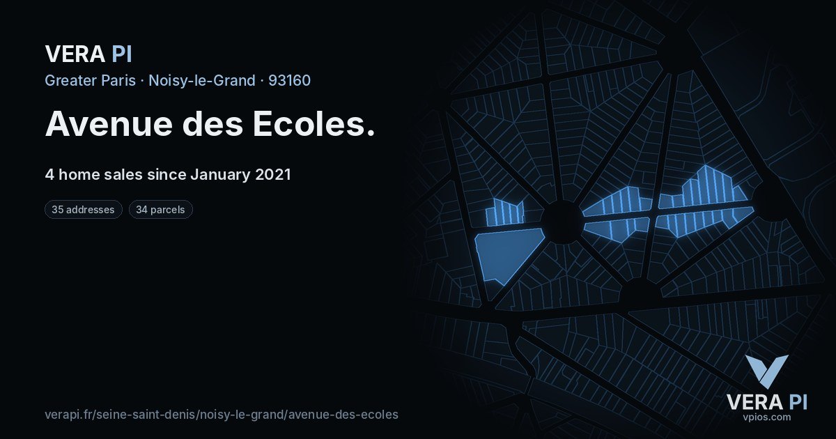 Avenue des Ecoles, Noisy-le-Grand at night – every parcel coloured by the prices around it, the street's own parcels lit