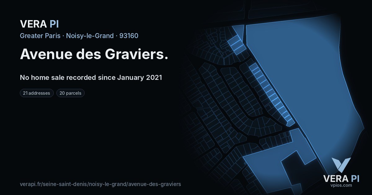 Avenue des Graviers, Noisy-le-Grand at night – every parcel coloured by the prices around it, the street's own parcels lit