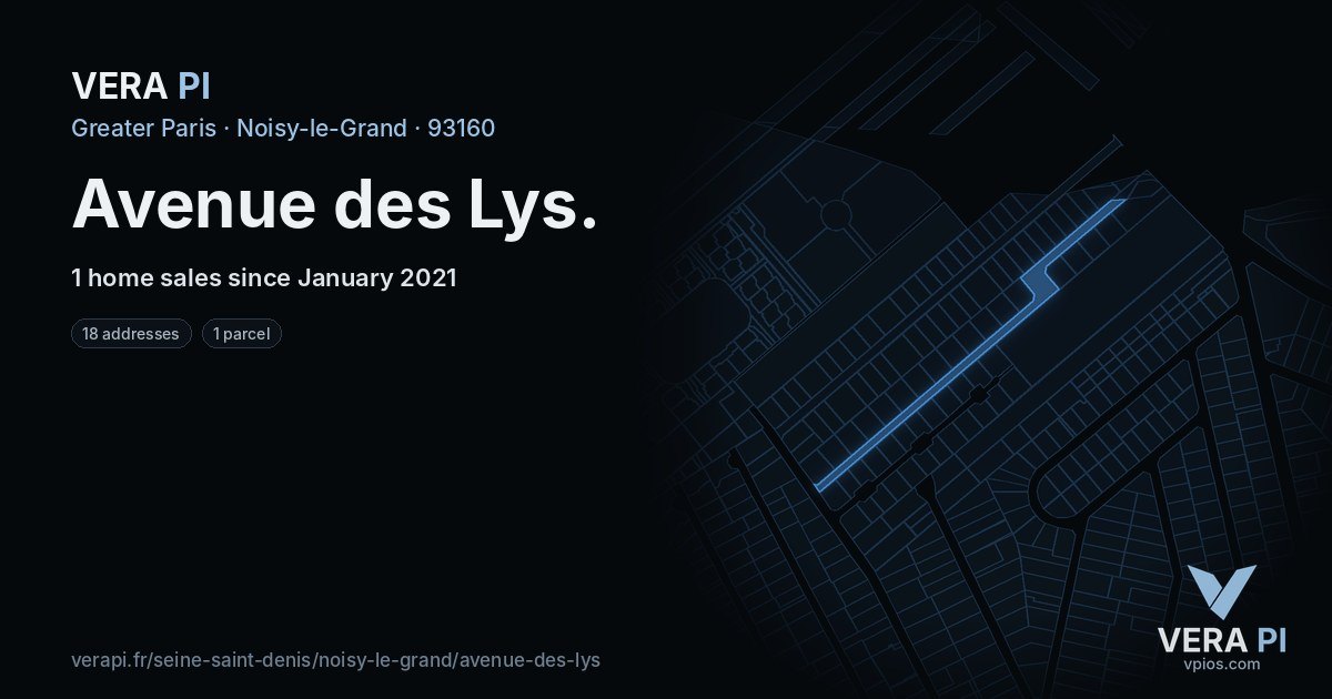 Avenue des Lys, Noisy-le-Grand at night – every parcel coloured by the prices around it, the street's own parcels lit
