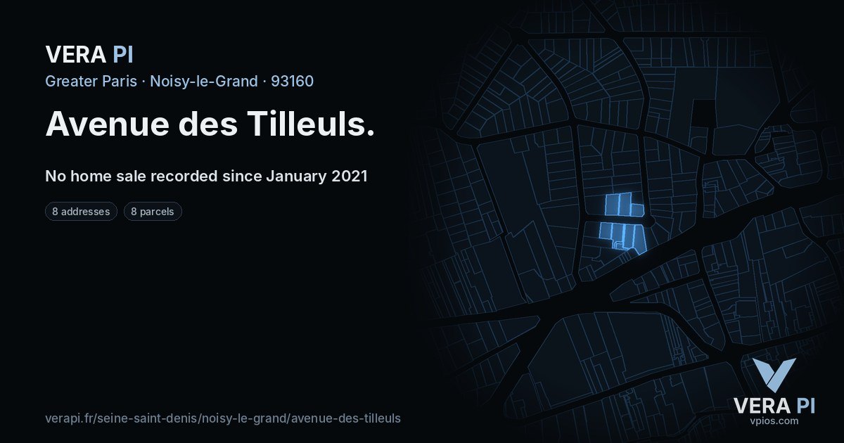 Avenue des Tilleuls, Noisy-le-Grand at night – every parcel coloured by the prices around it, the street's own parcels lit