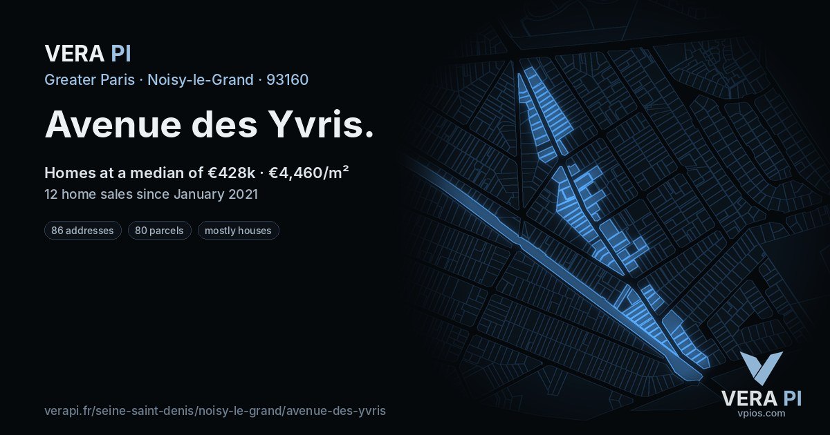 Avenue des Yvris, Noisy-le-Grand at night – every parcel coloured by the prices around it, the street's own parcels lit