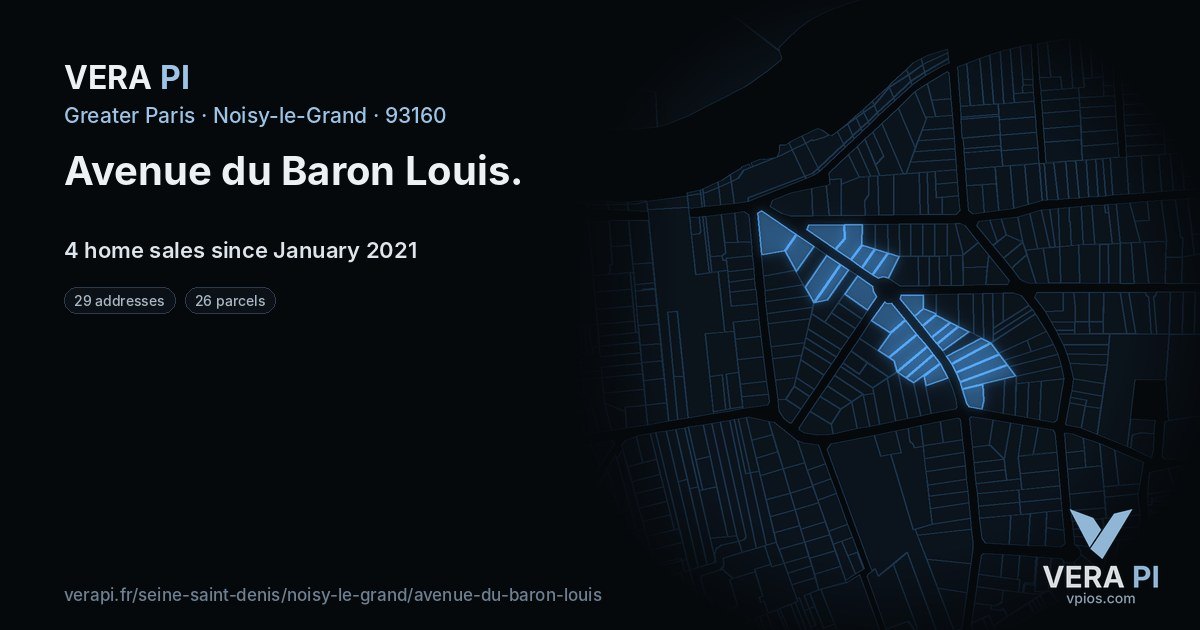 Avenue du Baron Louis, Noisy-le-Grand at night – every parcel coloured by the prices around it, the street's own parcels lit
