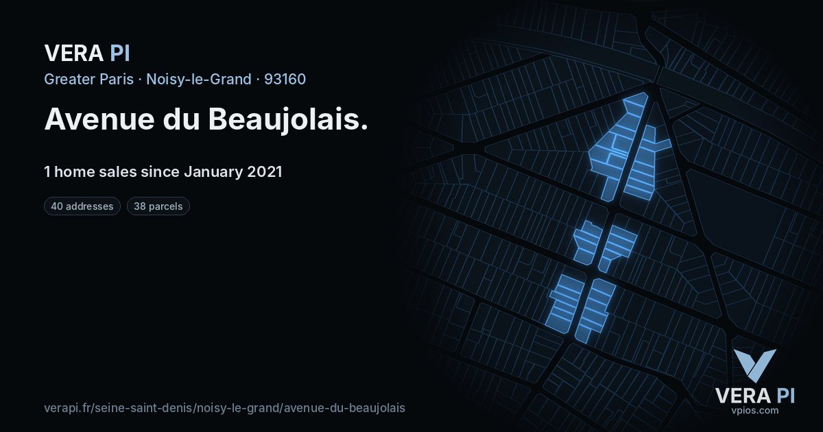 Avenue du Beaujolais, Noisy-le-Grand at night – every parcel coloured by the prices around it, the street's own parcels lit