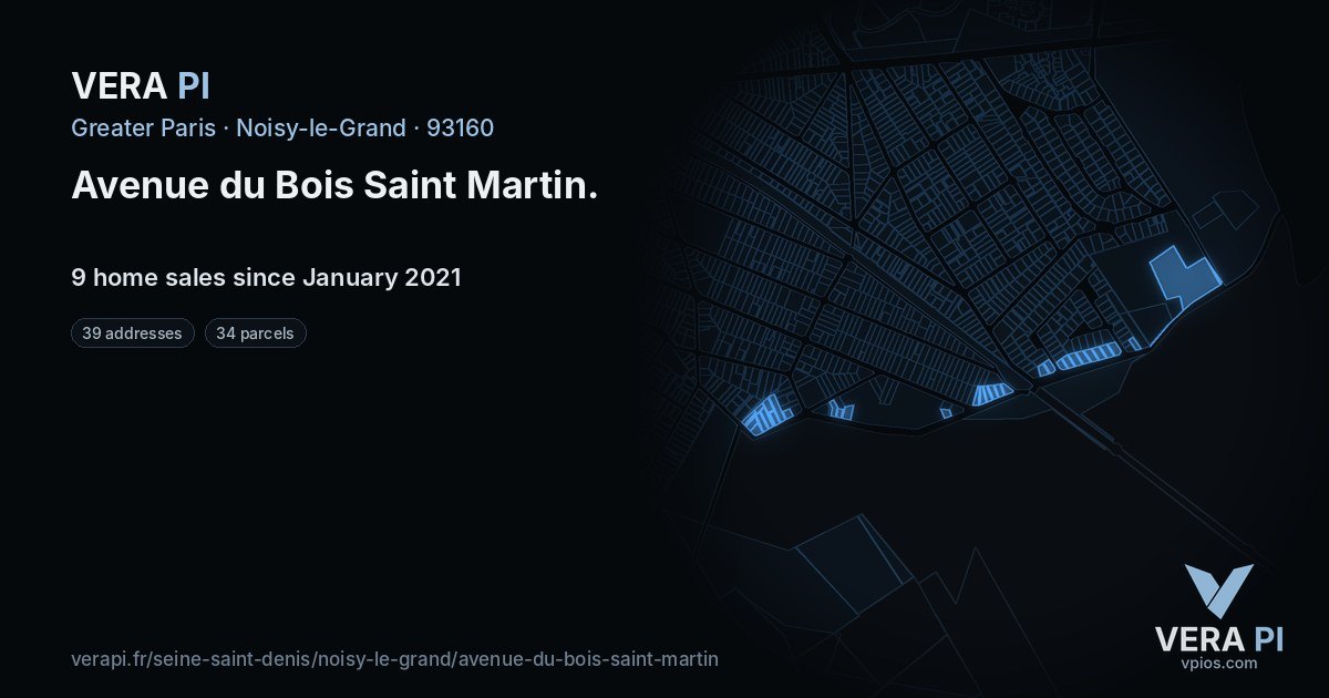 Avenue du Bois Saint Martin, Noisy-le-Grand at night – every parcel coloured by the prices around it, the street's own parcels lit