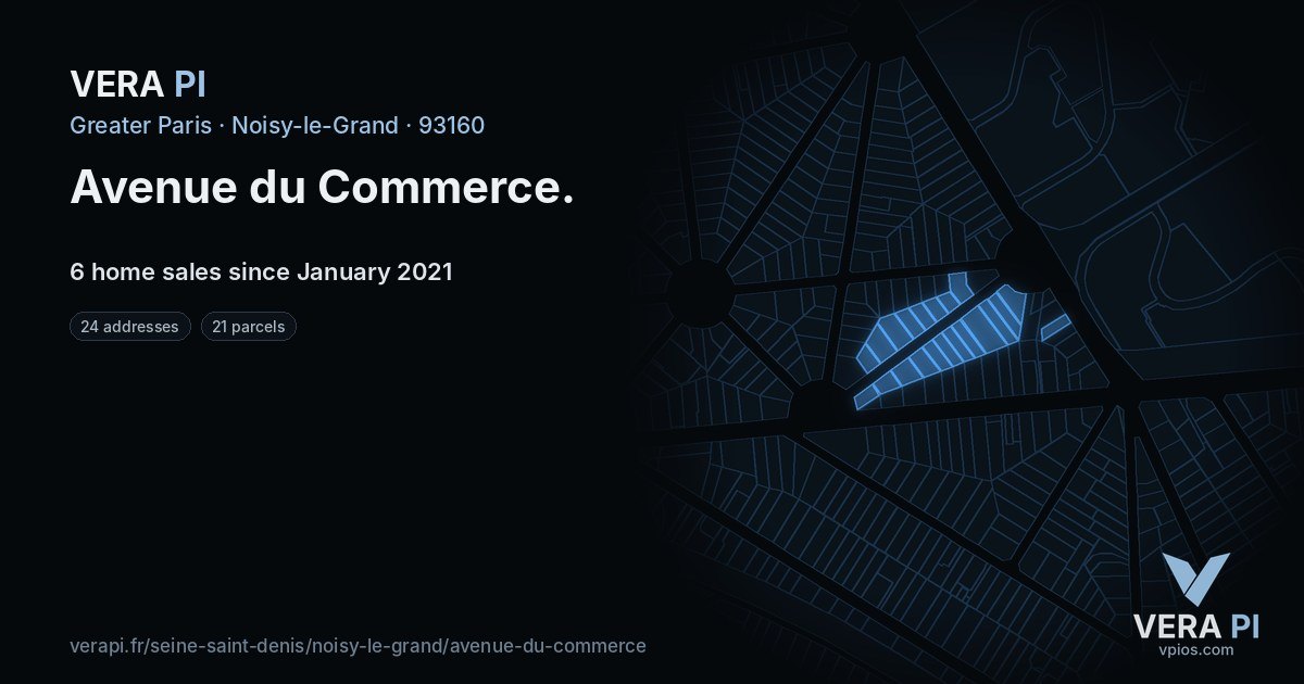 Avenue du Commerce, Noisy-le-Grand at night – every parcel coloured by the prices around it, the street's own parcels lit