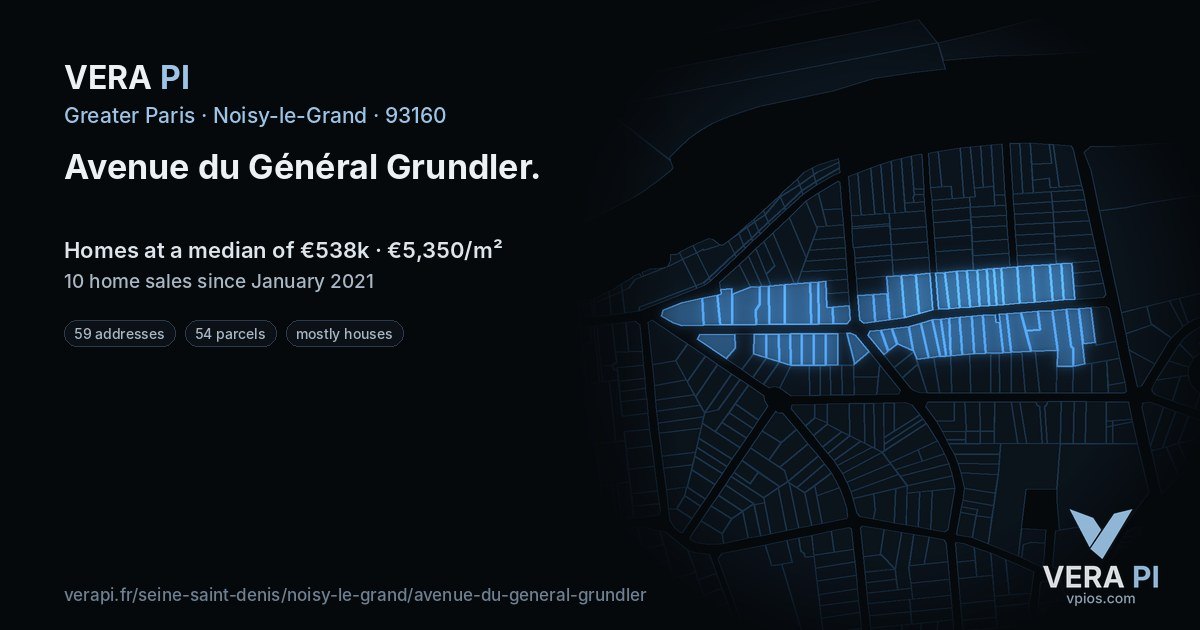 Avenue du Général Grundler, Noisy-le-Grand at night – every parcel coloured by the prices around it, the street's own parcels lit