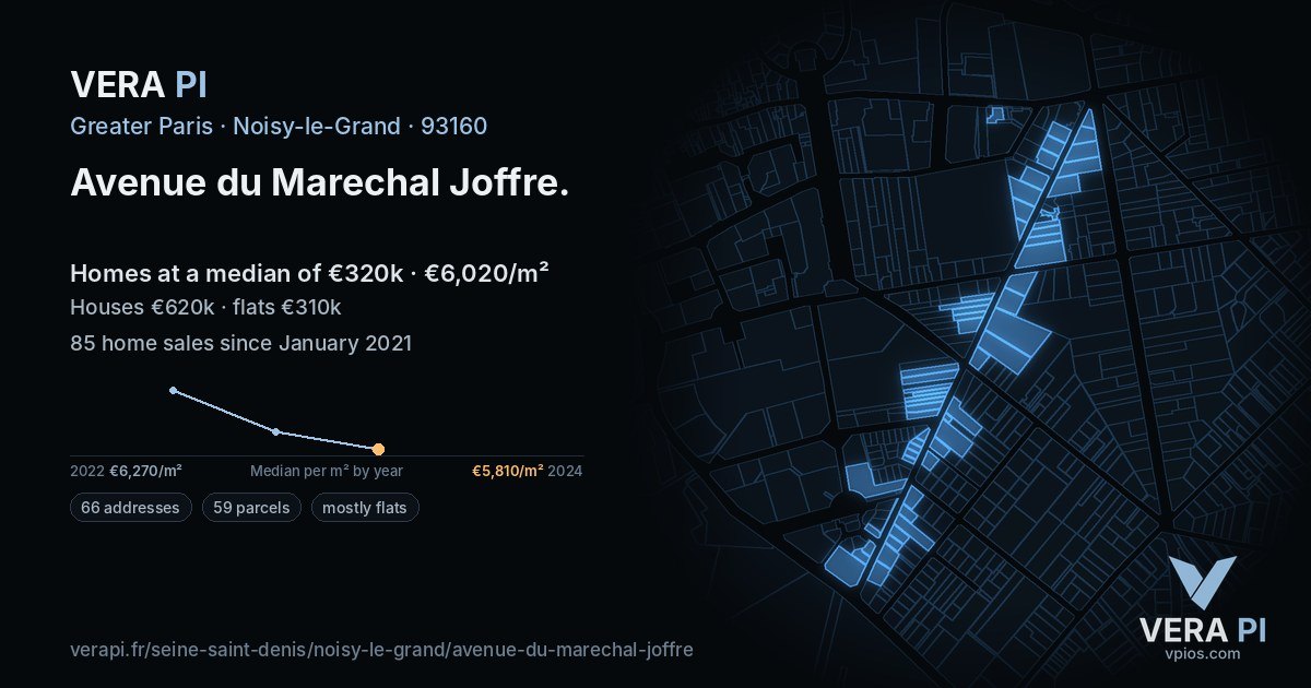 Avenue du Marechal Joffre, Noisy-le-Grand at night – every parcel coloured by the prices around it, the street's own parcels lit