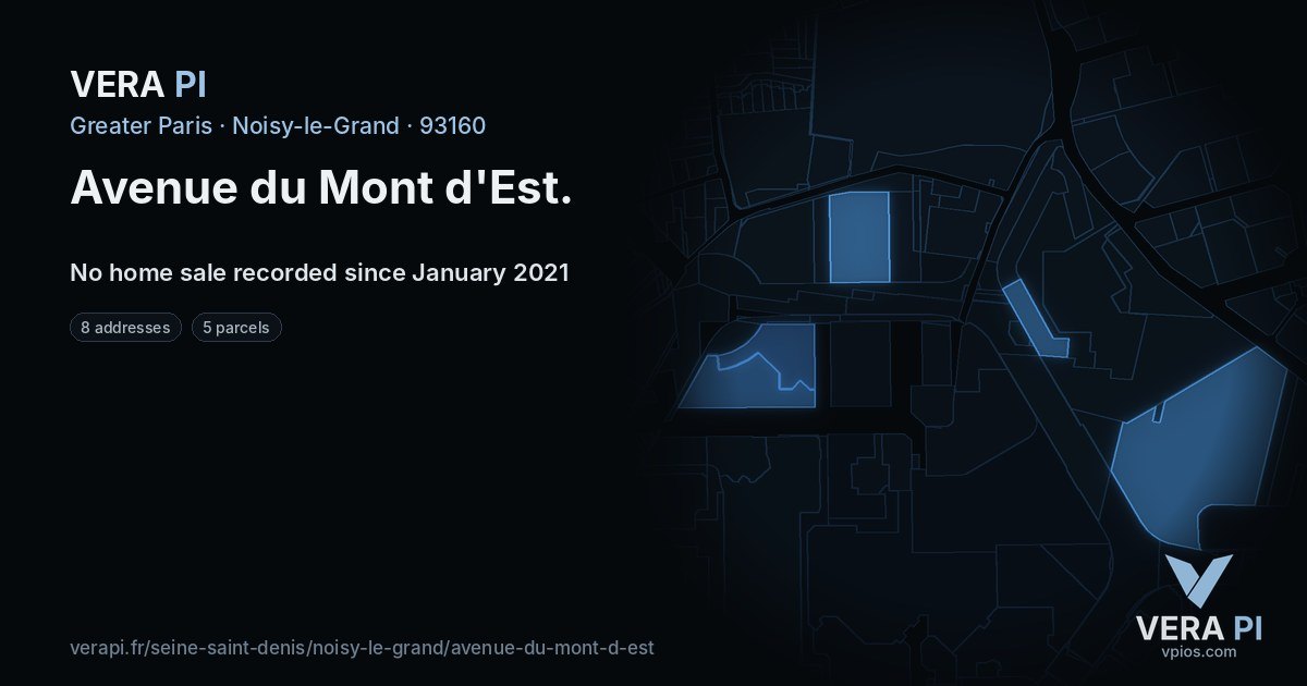 Avenue du Mont d'Est, Noisy-le-Grand at night – every parcel coloured by the prices around it, the street's own parcels lit