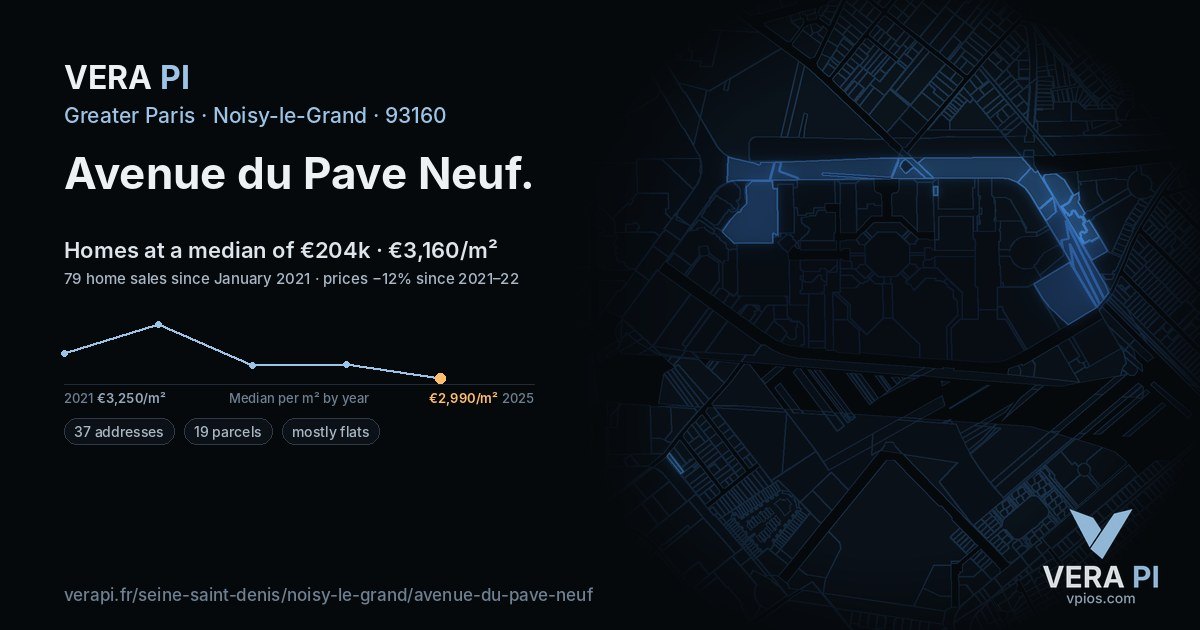 Avenue du Pave Neuf, Noisy-le-Grand at night – every parcel coloured by the prices around it, the street's own parcels lit