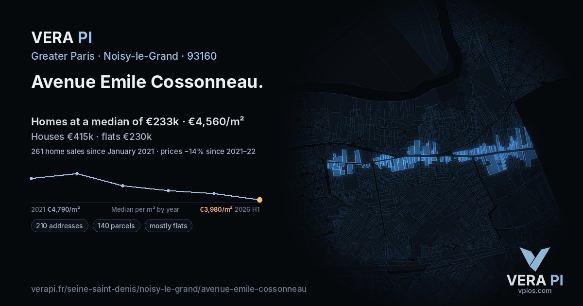 Avenue Emile Cossonneau, Noisy-le-Grand at night – every parcel coloured by the prices around it, the street's own parcels lit